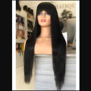 NEW Hair Queen LA 1B Black/Dark Brown Dama Straight with Bangs Lace Wig, 30 in.